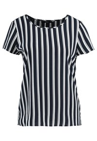 Korte mouwen navyblauw en witte gestreepte T-shirt, ronde hals, lichtgewicht stof, rechte zoom, bevat een verticaal streep patroon.