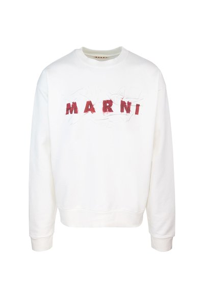 Sweatshirt blanc avec un col ras du cou, présentant un logo rouge "MARNI" sur la poitrine. Tissu doux, manches longues, poignets et ourlet côtelés.