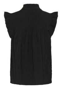 Black short-sleeve top with ruffled accents and a high neckline, featuring a textured fabric and gathered design at the back.