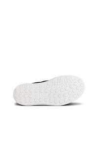 Semelle de chaussure noire en caoutchouc blanc texturé avec des motifs circulaires pour une meilleure adhérence. Les bords lisses et incurvés améliorent la flexibilité et le confort.