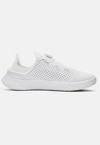 White athletic sneaker featuring a perforated textile upper, elastic collar, and a textured rubber sole for grip. Lacing system with adjustable toggle.