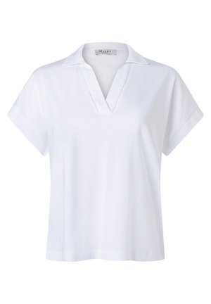 White short-sleeve collar shirt with a V-neck slit and relaxed fit, displayed on a plain background.