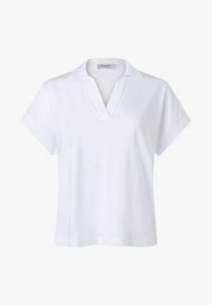 White short-sleeve collar shirt with a V-neck slit and relaxed fit, displayed on a plain background.
