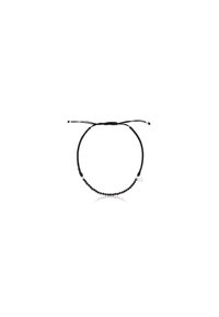 Pulsera de cuentas negras con un cierre de nudo deslizante. Presenta pequeños acentos lisos y un diseño redondo y simple.
