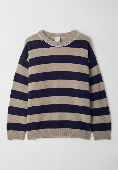 Striped sweater in beige and navy, made from soft material. Features a crew neck, dropped shoulders, and ribbed cuffs and hem.