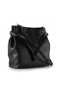 Schwarze Leder-Bucket-Bag mit weicher Textur, verstellbarem Schulterriemen und goldfarbenen Beschlägen. Verfügt über ein entspanntes, geräumiges Design.