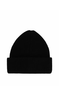 Berretto nero a maglia con una texture a coste, dotato di un risvolto pieghevole e un design superiore arrotondato. Adatto per il clima freddo.