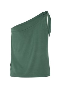 Top asimétrico de un hombro en tejido verde oscuro, con un acento atado en el hombro, textura suave y un corte relajado.