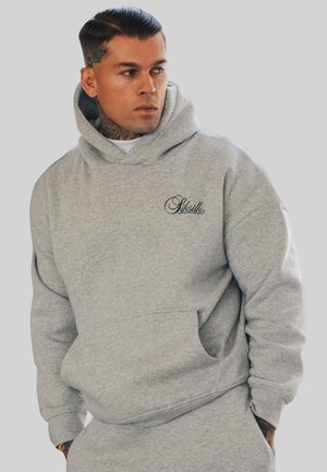 Gray hoodie made of cotton blend, featuring a front pocket and embroidered black logo on the chest. Soft texture, relaxed fit, and hooded design.
