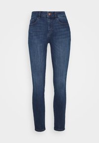 Dunkelblaue Slim-Fit-Jeans aus Denim mit hoher Taille, ausgestattet mit fünf Taschen und einem Knopfverschluss vorne.