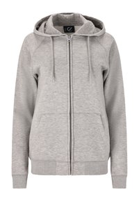 Ljusgrå zip-up hoodie tillverkad av mjukt material. Har en huva med dragsko, framfickor och ribbade ärmslut och fåll.