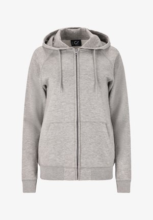 Lichtgrijze zip-up hoodie gemaakt van zacht materiaal. Beschikt over een trekkoordcapuchon, voorzakken en ribgebreide manchetten en zoom.