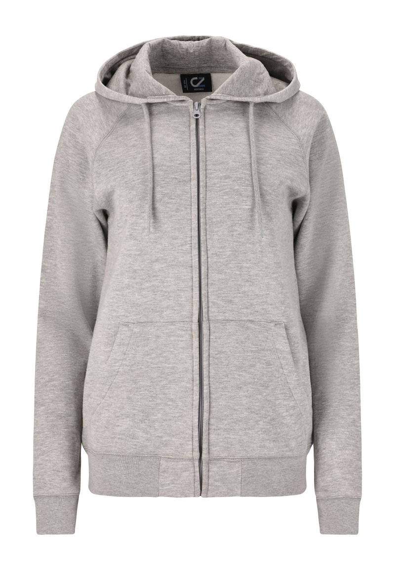 Ljusgrå zip-up hoodie tillverkad av mjukt material. Har en huva med dragsko, framfickor och ribbade ärmslut och fåll.