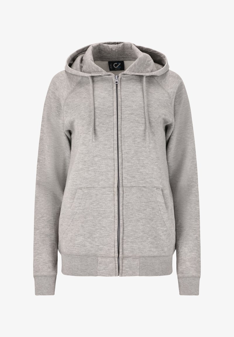 Haut à capuche zippé gris clair en matériau doux. Présente une capuche avec cordon de serrage, des poches avant, et des poignets et un ourlet côtelés.