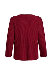 Rippiger, tiefroter Strickpullover mit langen Ärmeln und weitem Ausschnitt. Verfügt über eine lockere Passform und eine strukturierte Oberfläche. Rückansicht gezeigt.