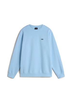 Sweat-shirt bleu clair en tissu doux, avec un col rond et des manches longues. Petit logo noir "VANS" sur la poitrine. Coupe décontractée.