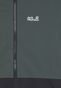 Veste légère vert foncé avec une section inférieure noir contrastante, dotée d'une fermeture éclair et du logo blanc "Jack Wolfskin". Texture lisse.