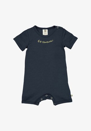 Laivastonsininen, lyhythihainen body, joka on valmistettu pehmeästä kankaasta. Rinnassa on keltainen teksti "GO BANANAS!" ja alaosassa painonapit.