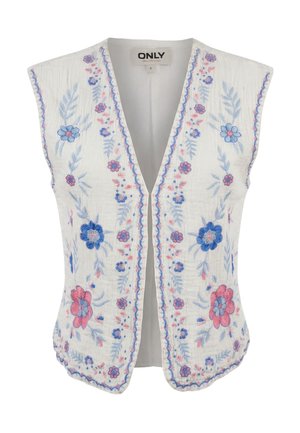 Hvit ermeløs vest med V-hals med blå og rosa blomsterbroderi langs fronten og kantene.