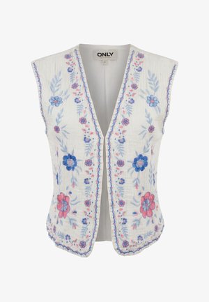 Valge varrukateta vest V-kaelusega, millel on ees ja servadel sinise ja roosa lillemustriga tikand.