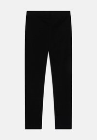 Schwarze Leggings aus glattem, dehnbarem Stoff. Mit einem elastischen Bund und einem taillierten, schlanken Design ohne Muster oder Akzente.