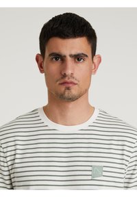 T-shirt in cotone con strisce orizzontali verdi e bianche, colletto rotondo, e una piccola toppa verde menta con un design geometrico sul lato sinistro.