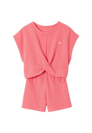 Korallrosa strukturiertes Strick-Zweiteiler-Outfit mit kurzen Ärmeln, Rundhalsausschnitt, über Kreuz gelegtem Oberteil und Shorts mit elastischem Bund und Knopfdetail.