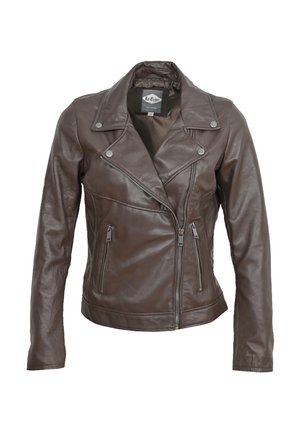 Braune Leder-Motorradjacke mit geknicktem Kragen, asymmetrischem Reißverschluss und zwei vorderen Reißverschlusstaschen mit strukturiertem Finish.