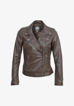 Hnědá kožená motocyklová bunda s vyztuženým límcem, asymetrickým zipem a dvěma předními kapsami na zip s texturovaným povrchem.