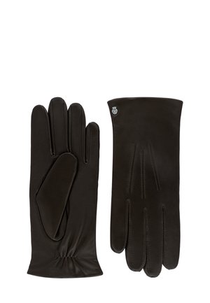 Dunkelbraune Lederhandschuhe mit glatter Textur, tailliertem Design und dezentem elastischem Bündchen am Handgelenk. Auf einem Handschuh befindet sich eine Logo-Akzent.