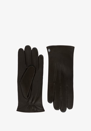 Dark brown leather gloves with smooth texture, fitted design, and subtle elastic gathering at the wrist. Features a logo accent on one glove.