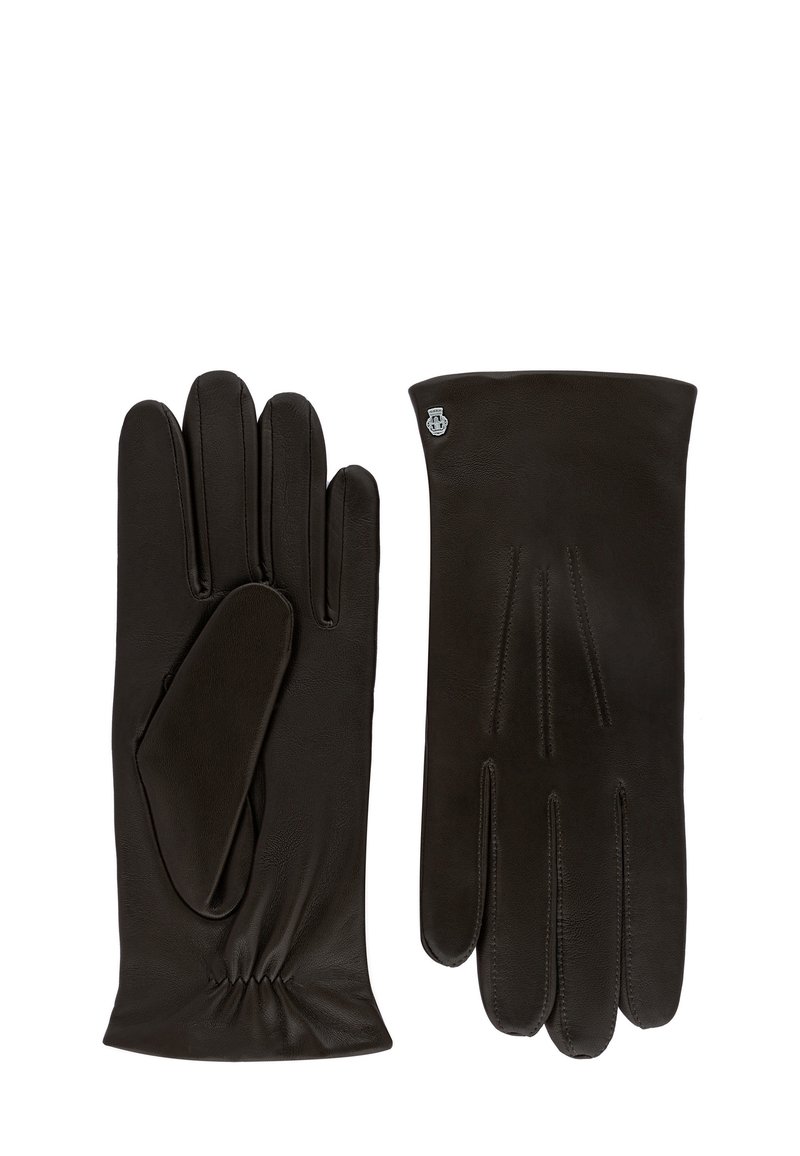 Dunkelbraune Lederhandschuhe mit glatter Textur, tailliertem Design und dezentem elastischem Bündchen am Handgelenk. Auf einem Handschuh befindet sich eine Logo-Akzent.