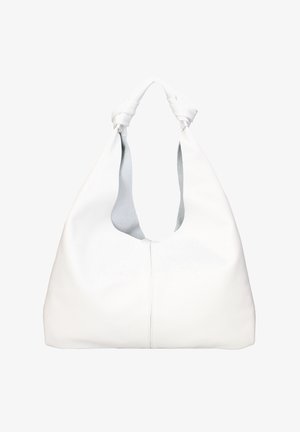 Borsa hobo in pelle bianca con manico annodato, esterno liscio e interno morbido di colore grigio chiaro. Presenta una cucitura centrale.
