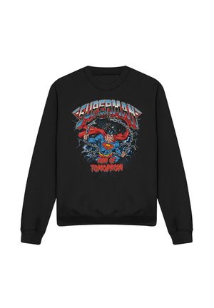 Schwarzer Sweatshirt mit Superman, der Ketten sprengt, mit den Texten „Superman“ und „Man of Tomorrow“ in kräftigen Rot- und Blautönen.