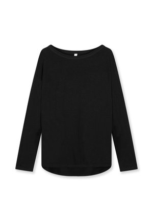 Maglietta nera a maniche lunghe con una vestibilità comoda, scollatura arrotondata e una texture liscia. Presenta un orlo dritto con una leggera curvatura ai lati.