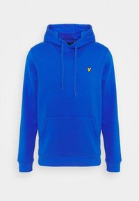 Felpa con cappuccio blu brillante, con tasca frontale, cordini e piccolo logo di un uccellino giallo sul lato sinistro del petto.