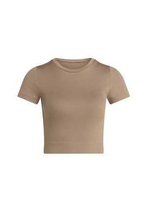 Short-sleeve, crew neck t-shirt in a solid light brown color. Made from soft, stretchy fabric with a fitted design and ribbed texture.