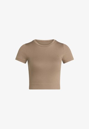 Camiseta de manga corta, cuello redondo, en un color marrón claro sólido. Fabricada con un tejido suave y elástico, con un diseño ajustado y textura acanalada.