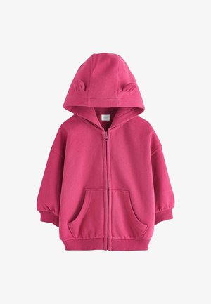 Rosa Kinder-Kapuzenjacke mit Reißverschluss, Fronttaschen und kleinen Stoffohren an der Kapuze.