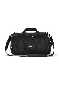 Black duffel bag made of durable fabric with a zipper closure, textured surface, and a crosshatch design. Features dual handles and an adjustable strap.