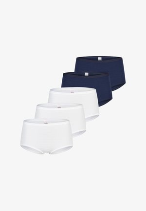 Trois culottes pour femmes en coton bleu marine et trois blanches, disposées en deux rangées superposées sur un fond blanc.