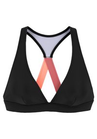 Sujetador deportivo negro con un diseño triangular, que presenta un panel de malla y acentos rosas en la parte posterior formando un patrón entrecruzado.