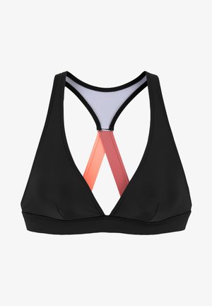Schwarzer Sport-BH mit einem dreieckigen Design, ausgestattet mit einem Netzpanel und pinken Akzenten auf der Rückseite, die ein Kreuzmuster bilden.