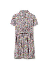 Abito a maniche corte in tessuto leggero, con un vivace motivo floreale dai dettagli in rosa, giallo e verde; vita arricciata.