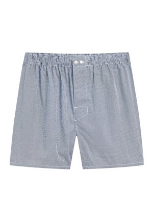 Bomulds herreboxershorts med elastisk talje og knaplukning i småt navy- og hvidternet mønster.