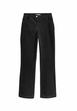 Black corduroy pants with a straight leg design, featuring five pockets, a button closure, and a soft texture.