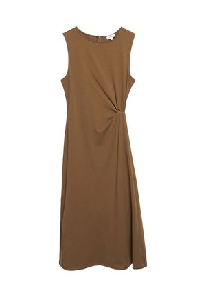 Ärmelloses braunes Midikleid mit Rundhalsausschnitt und seitlichem Knotendetail, aus leichtem Stoff, mit Reißverschluss hinten.