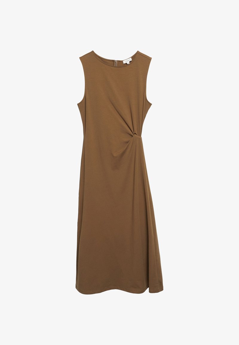 Robe midi marron sans manches avec encolure ronde et détail de nœud sur le côté, en tissu léger, fermeture éclair dans le dos.