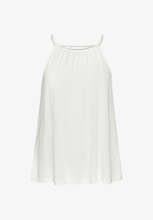 Bijela majica bez rukava s labavim, lepršavim dizajnom. Ima tanke naramenice i naborani izrez s suptilnim detaljima. Mekana, lagana tkanina.