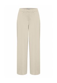 Beige wide-leg trousers with a smooth texture, featuring front pleats, a regular waistband, and no visible pockets or embellishments.